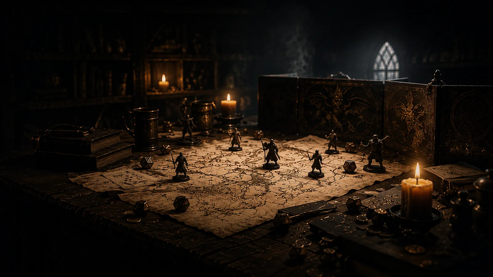 A candlelit tabletop with a hand-drawn battle map, miniatures, dice, and a DM screen