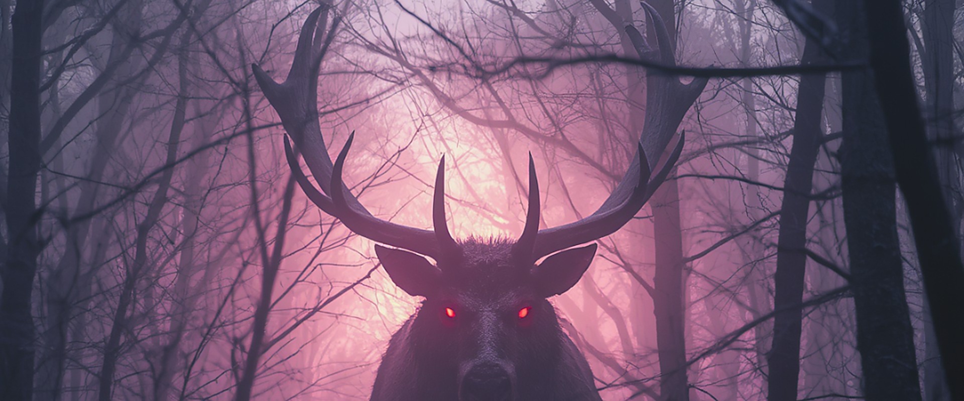 A looming stag with glowing red eyes emerging from a misty, twilit forest.
